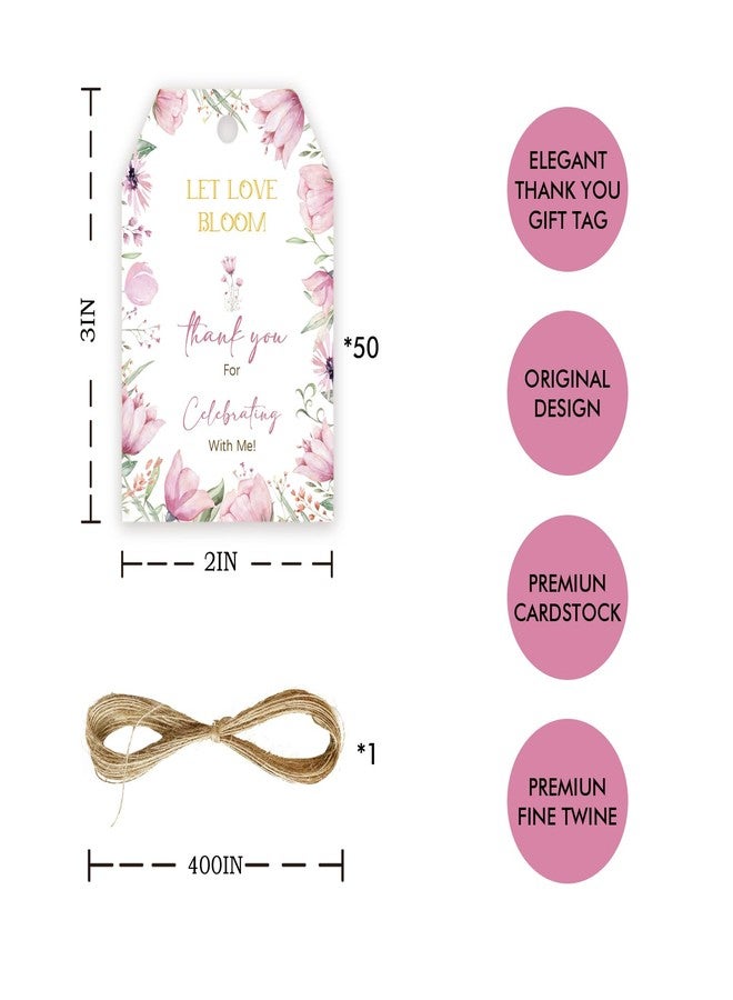 FORSHEEP 50pcs Floral Thank You Tags, Violet Gift Tag with String for Wedding Party, Thank You Paper Tags for Flower Themed Bridal Shower/Birthday Party Favors - Image 2
